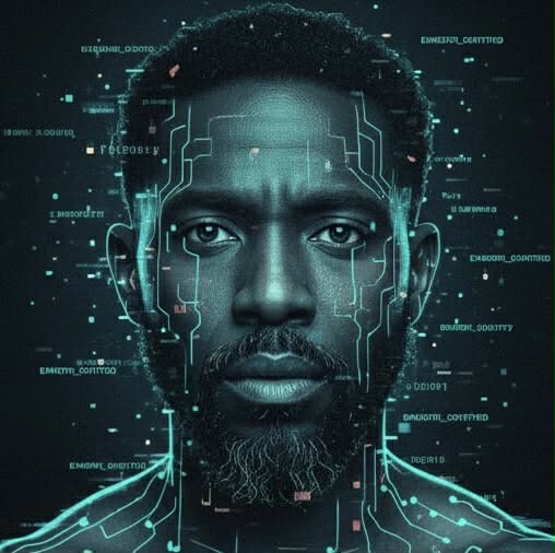 Calm face with glowing teal circuit lines mapping emotional patterns across the skin.