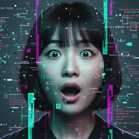 Surprised expression surrounded by colorful data blocks and vertical neon lines.