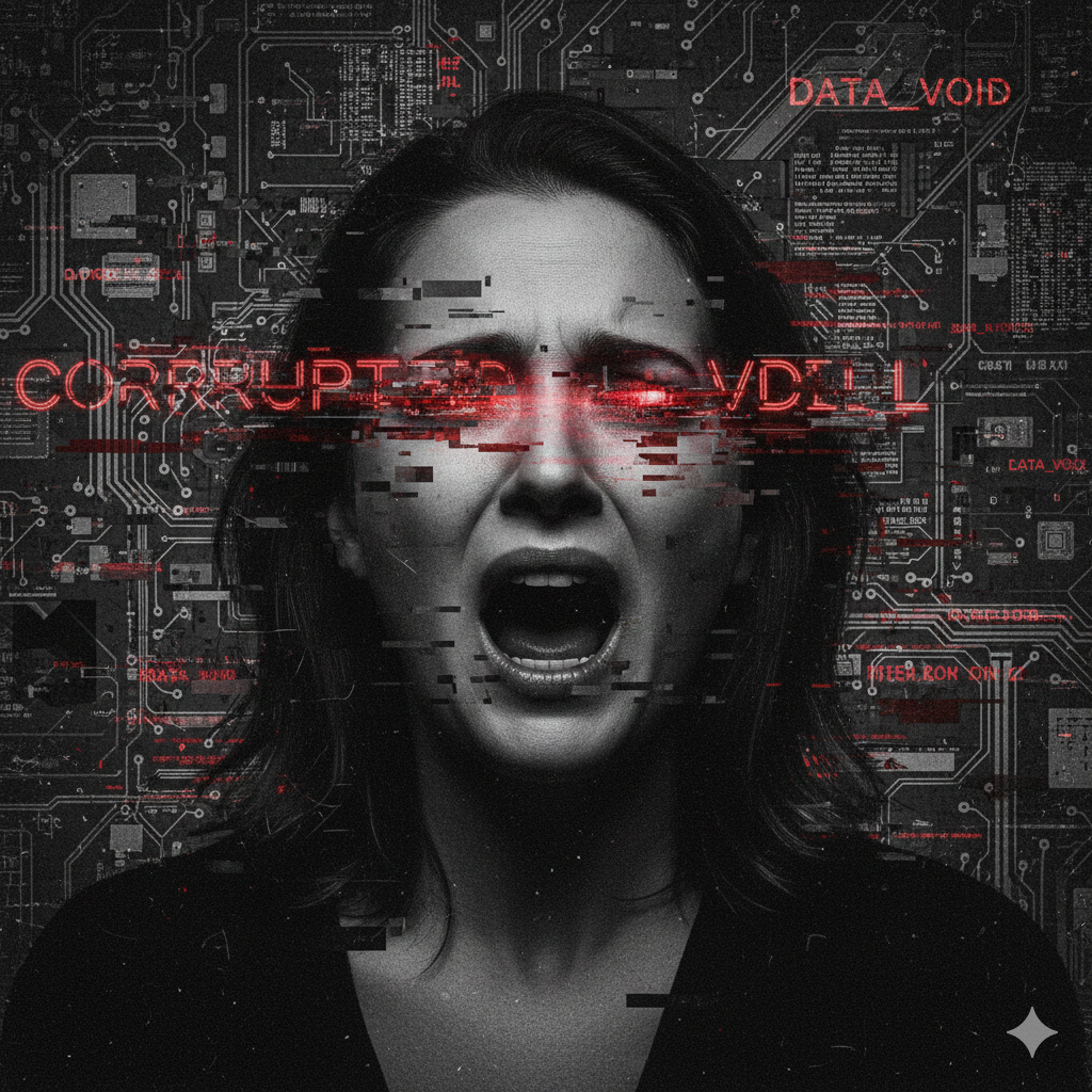 Shocked expression with glowing cybernetic eyes surrounded by glitch lines and digital noise.