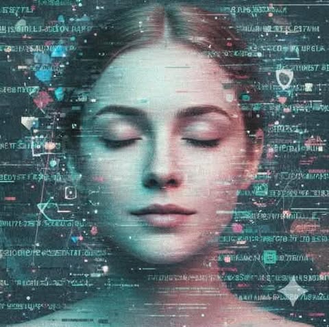 Peaceful face with closed eyes surrounded by soft holographic icons and digital particles.
